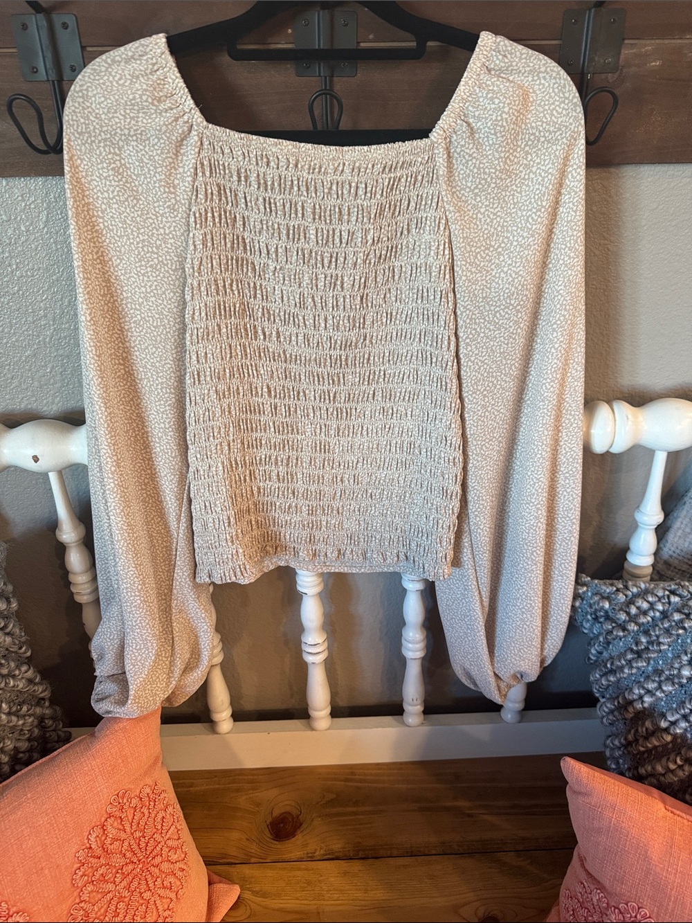 Sienna Sky Beige Cream Smocked Peasant Blouse with Tie Front - Picture 2 of 5